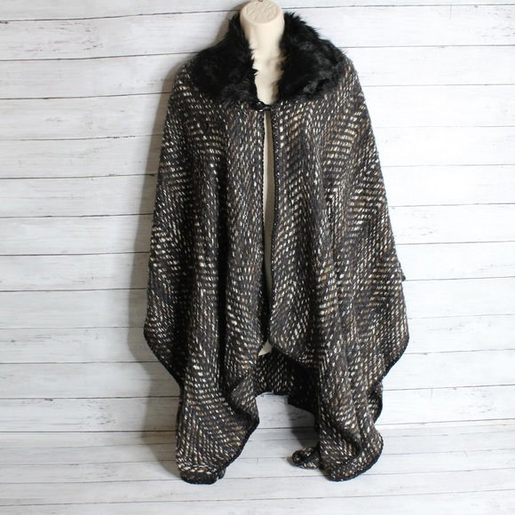 Apt 9 Women's Sweater Knit Shawl Coat Wrap One Size Black Brown White Fur - Picture 1 of 7